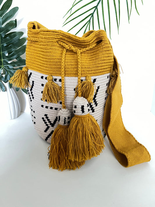 Yellow & White Retro Handwoven Crossbody Bag