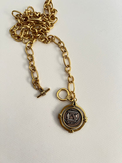 Antique Gold Bronze Medallion Pendant Necklace