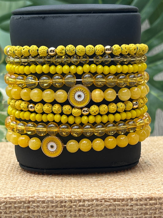 Yellow Evil Eye Bead Bracelet Set