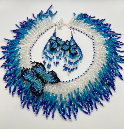 Blue Beaded Butterfly Necklace Set