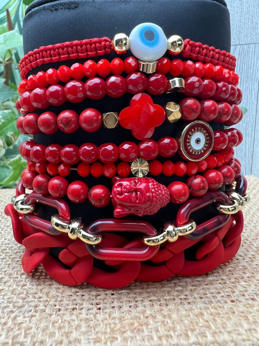 Red Trendy Beaded Bracelet Set