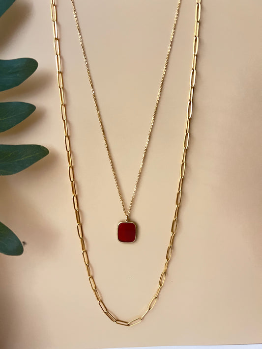 Red Stone Pendant Layered Necklace