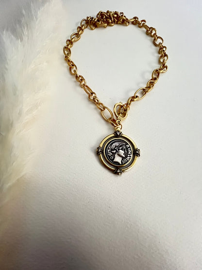 Antique Gold Bronze Medallion Pendant Necklace