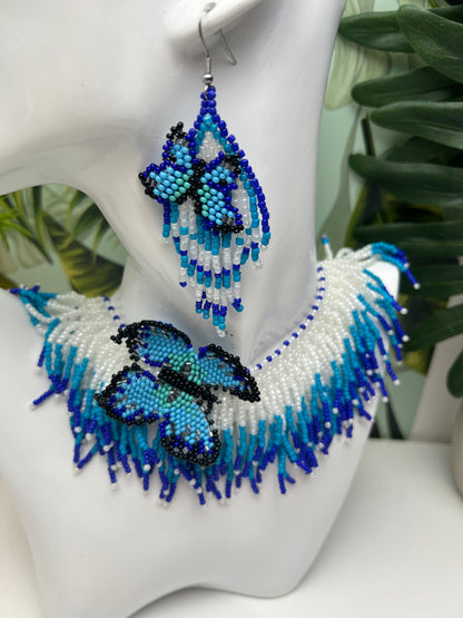 Blue Beaded Butterfly Necklace Set