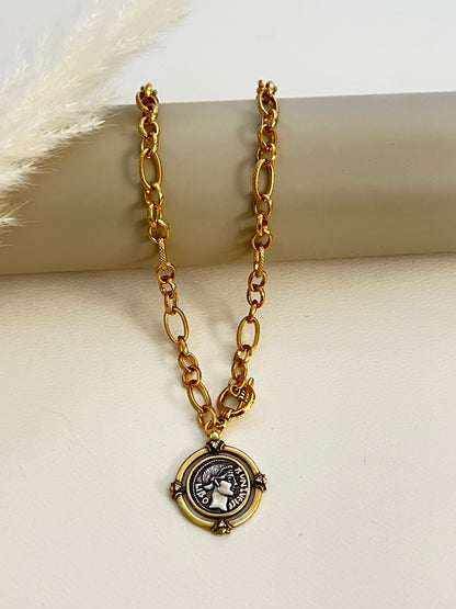 Antique Gold Bronze Medallion Pendant Necklace