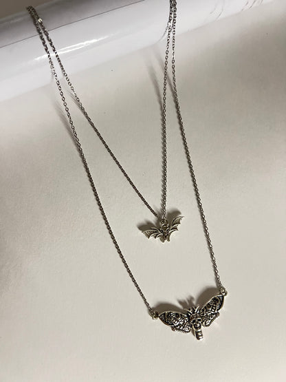 Silver Moth & Bat Layered Necklace