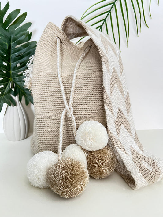 Beige & White PomPom Bag