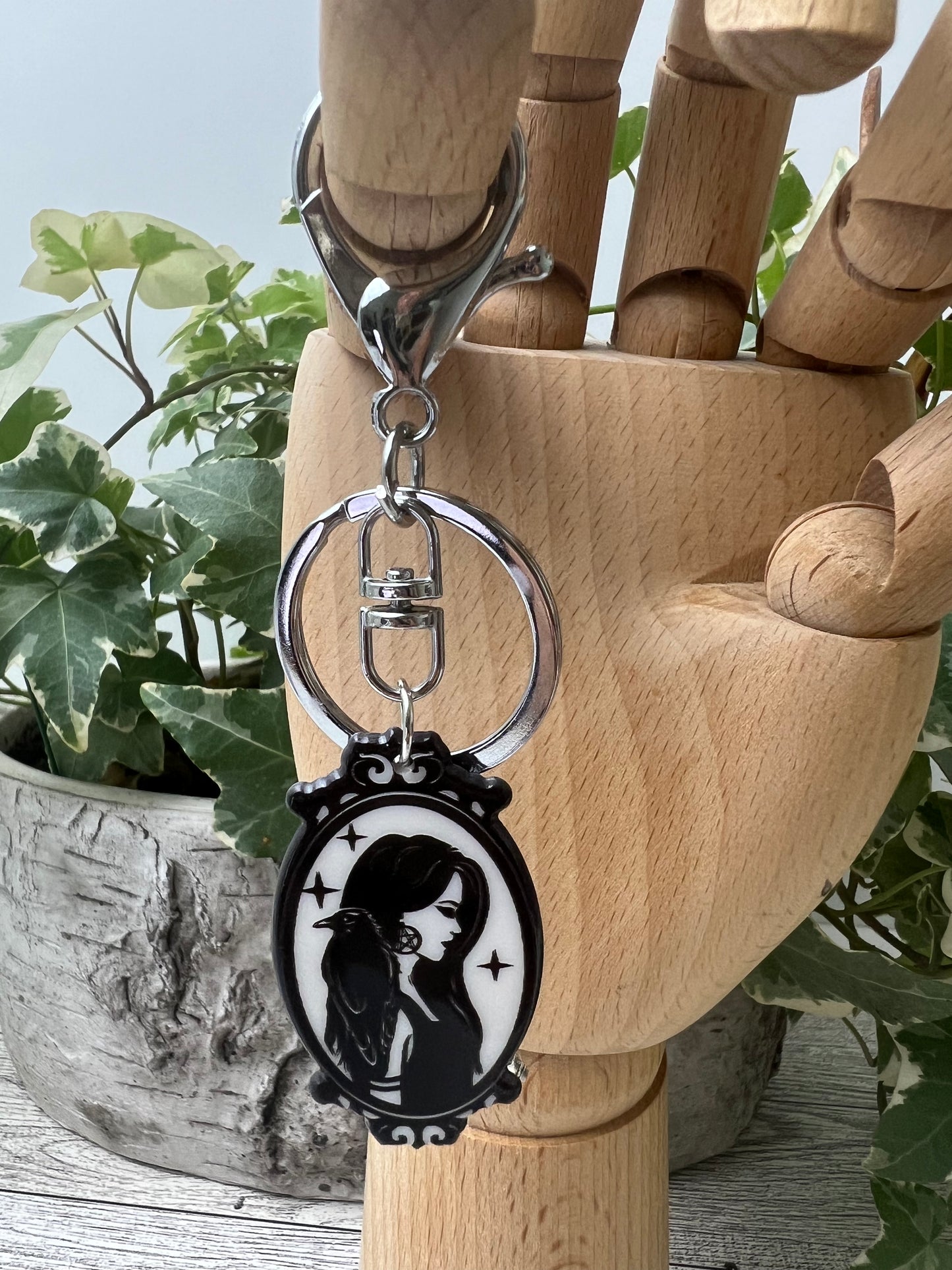 Witchy Girl Gothic Silver Keychain