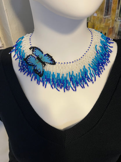 Blue Beaded Butterfly Necklace Set