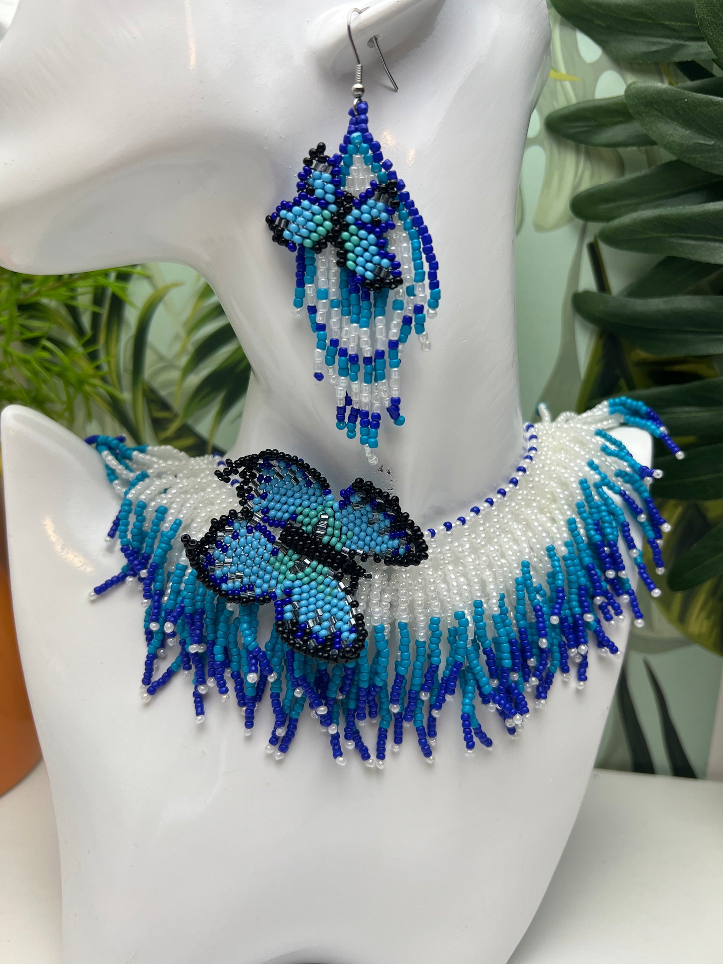 Blue Beaded Butterfly Necklace Set