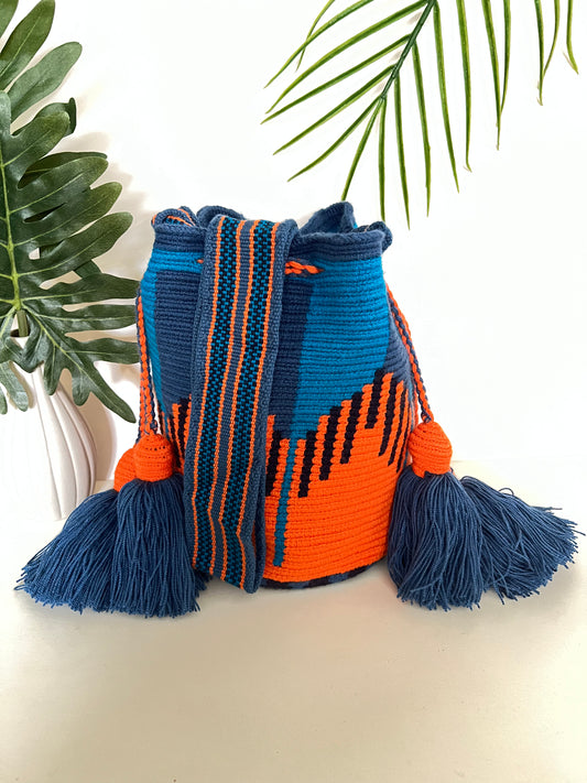 Blue & Orange Geometric Pattern Bucket Bag