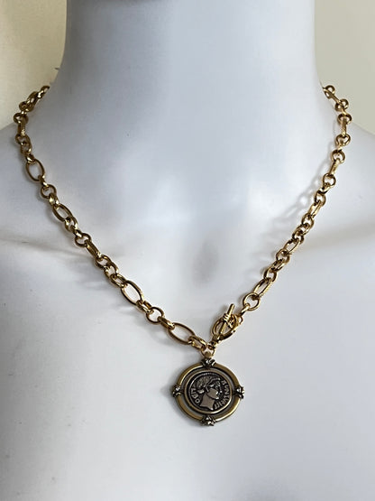 Antique Gold Bronze Medallion Pendant Necklace