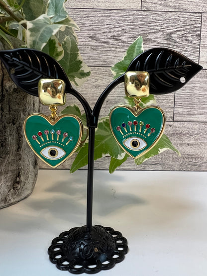 Evil Eye Heart Dangle Earrings