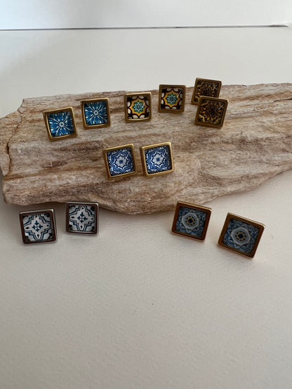 Greek-Inspired Tile Square Stud Earrings