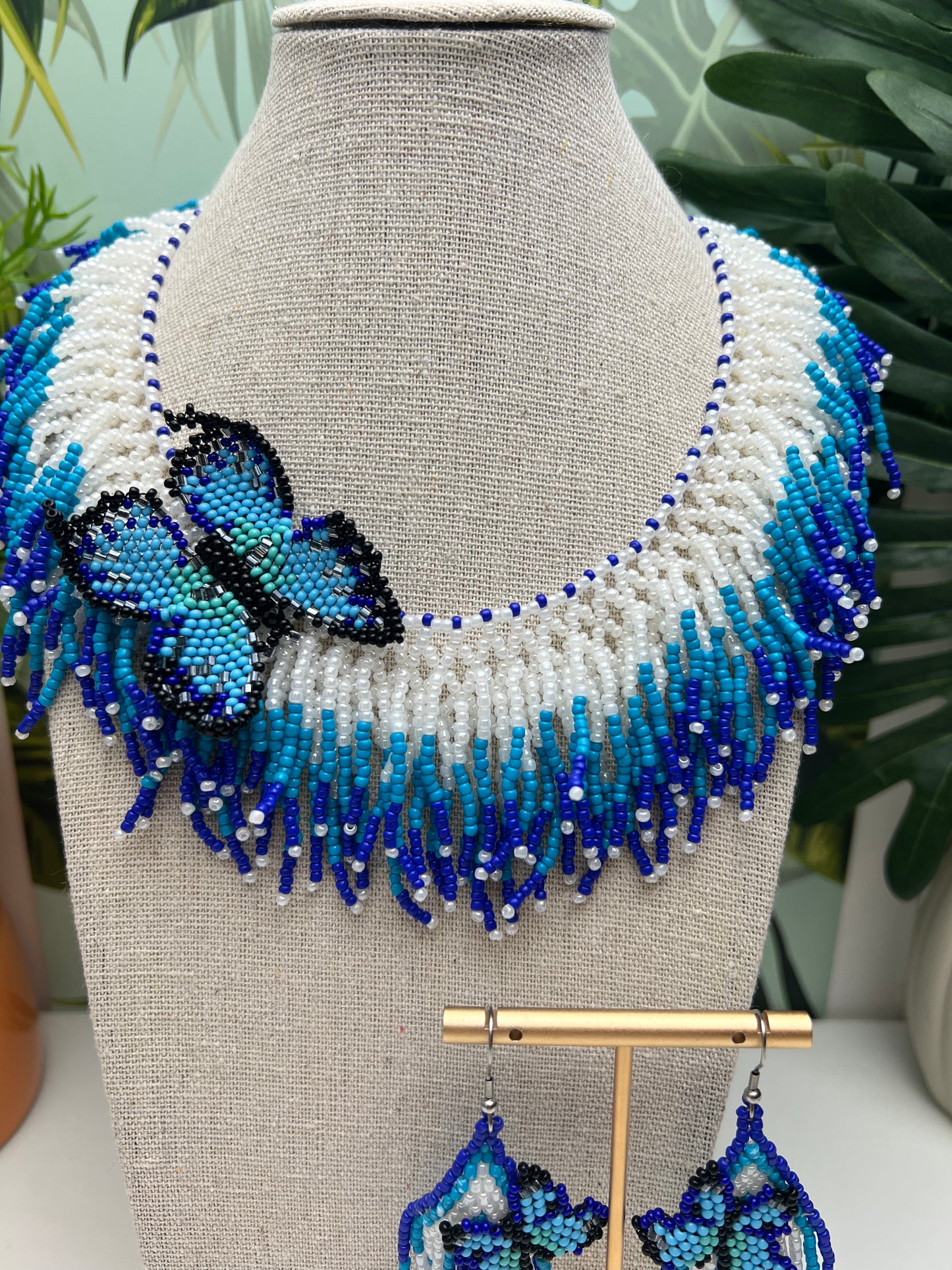 Blue Beaded Butterfly Necklace Set