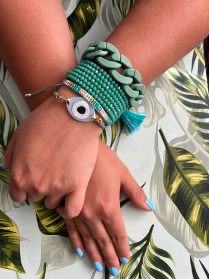 Teal Evil Eye Trendy Stacked Bracelet Set