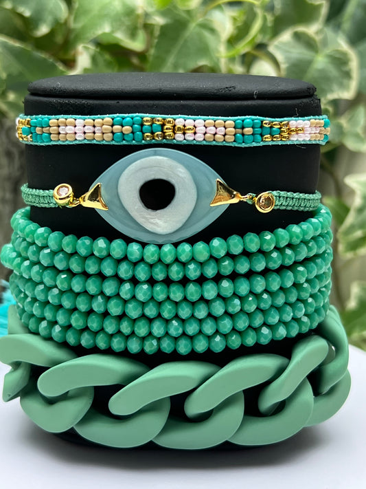 Teal Evil Eye Trendy Stacked Bracelet Set