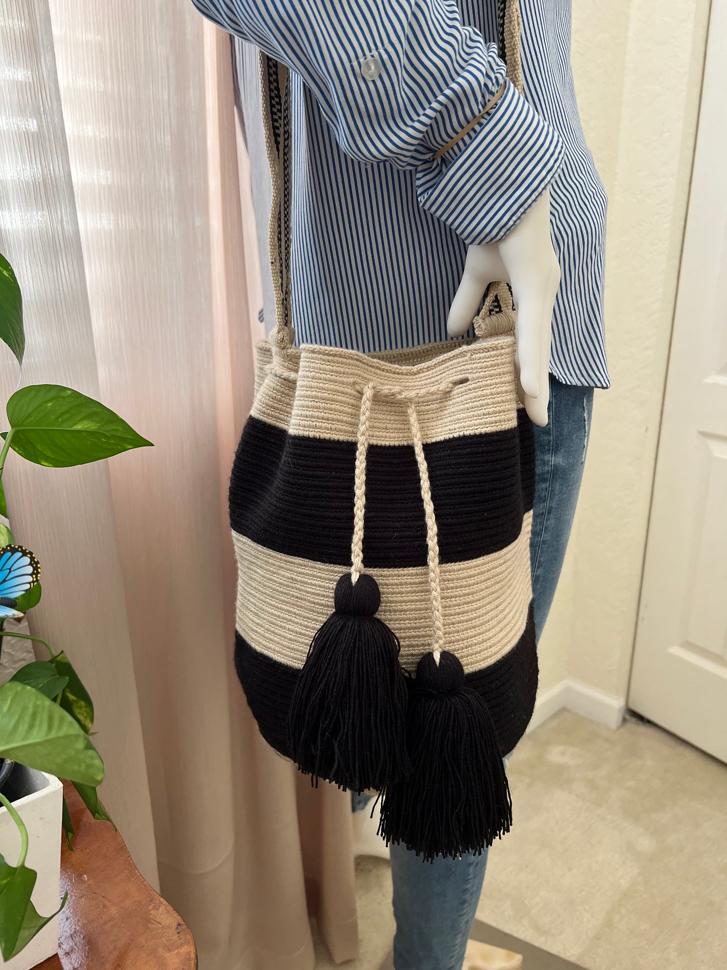 Black & White Handwoven Bucket Bag