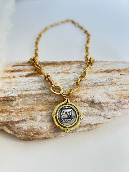 Antique Gold Bronze Medallion Pendant Necklace