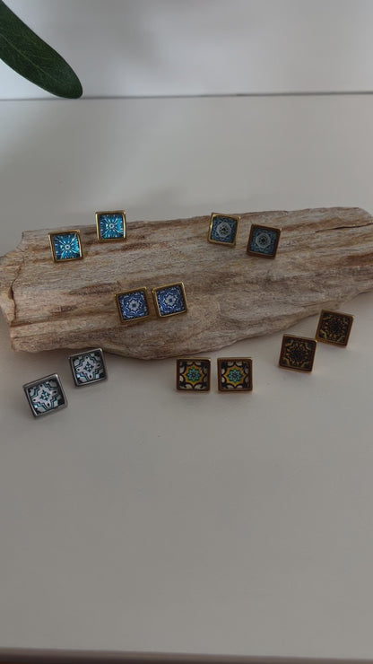 Greek-Inspired Tile Square Stud Earrings