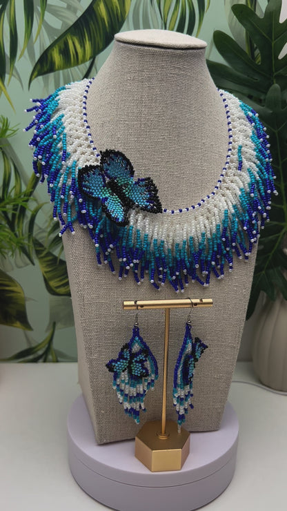 Blue Beaded Butterfly Necklace Set